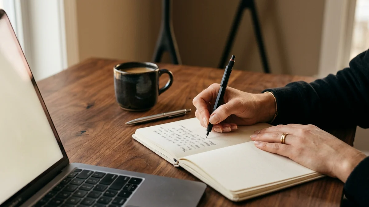 Mãos redigindo em caderno ao lado do notebook, processo de elaboração da comunicação e estratégia de texto para gerar mais conversões no e-commerce.