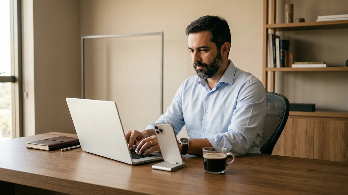 Lojista trabalhando no notebook no estúdio no início da manhã, ativando ações de relacionamento direto com a base de clientes do e-commerce.