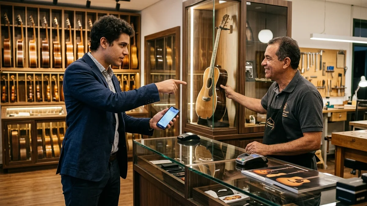 Cliente mostra ao vendedor a pesquisa feita no celular e aponta o produto que já escolheu na loja de instrumentos musicais.