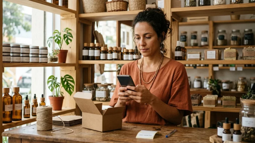 Dona de loja de cosméticos naturais com o celular na mão atrás do balcão, na rotina em que o cliente pergunta e não compra.