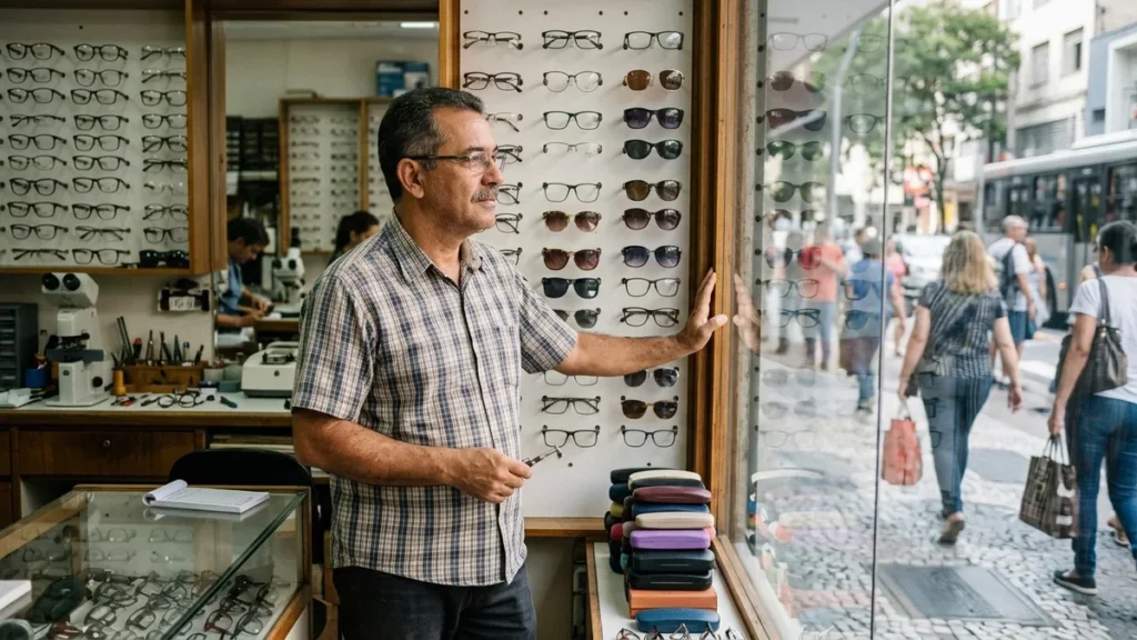 Dono de ótica de bairro observando o movimento da calçada pela vitrine de armações, cenário de como o cliente encontra minha loja hoje.