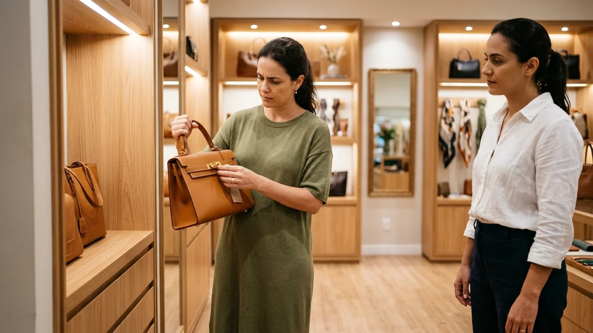 Cliente examinando a costura e o fecho de uma bolsa no salão da loja de acessórios, decidindo se o valor da peça é justo, com a vendedora ao lado.