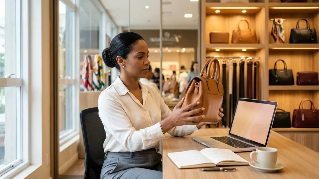 Dona de loja de acessórios segurando uma bolsa no escritório da loja, pensando em como precificar produto para cobrir os custos da venda e ainda ter lucro.