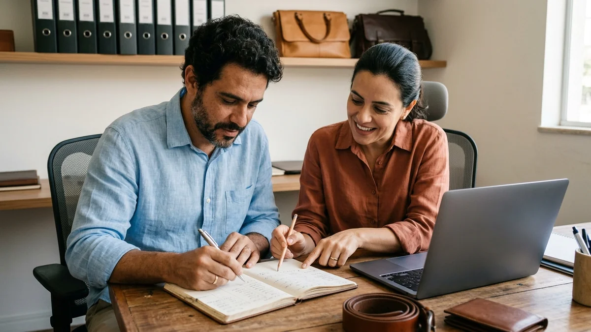 Casal de sócios sentado no escritório da loja fazendo a conta do preço dos produtos à mão em um caderno, ao lado do notebook e de peças de couro.