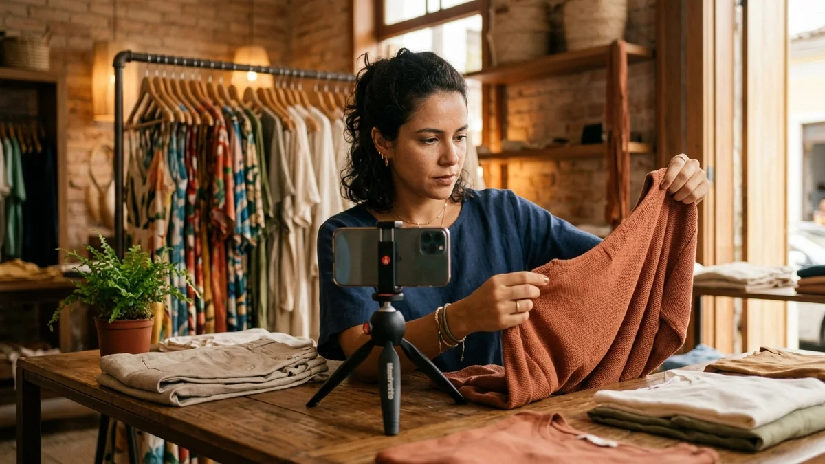 Lojista gravando um vídeo caseiro para mostrar de perto a textura do tecido de uma peça nova.