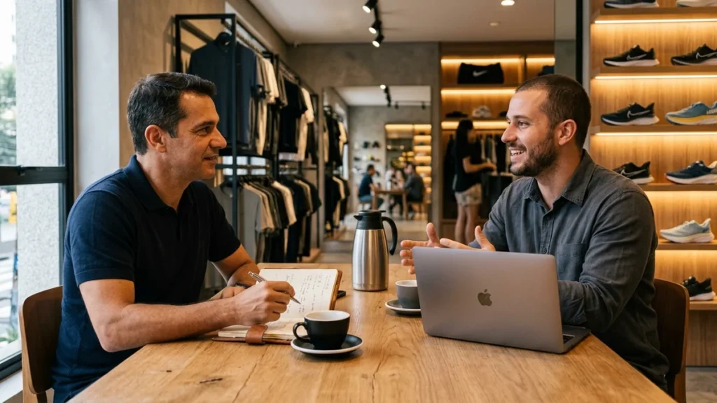 Dono de boutique de artigos esportivos em conversa franca com consultor de mídia na mesa de trabalho, avaliando se vale a pena contratar agência de tráfego pago.