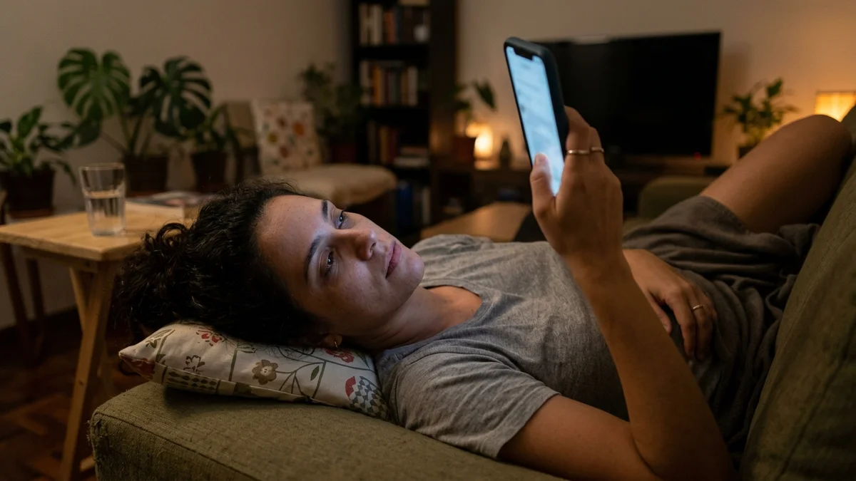 Consumidora deitada no sofá à noite rolando o celular sem intenção de comprar, momento em que a maioria descobre uma loja nova.