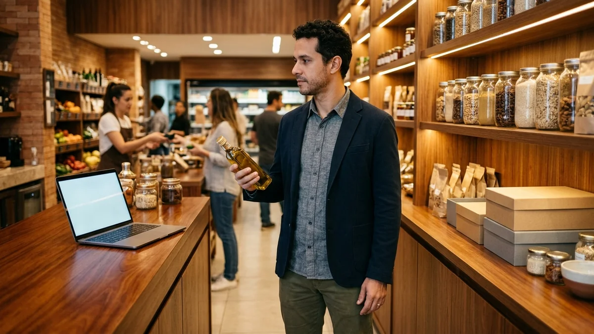 Gestor no salão do empório gourmet avaliando múltiplas demandas de pedidos e reposição abertas ao mesmo tempo, reflexo do gargalo de centralização.