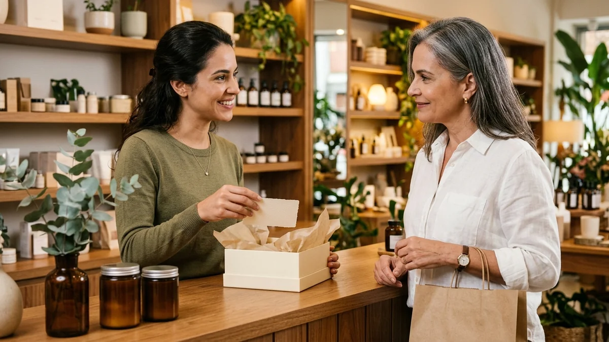 Vendedora colocando um cartão de convite dentro da caixa de presente no balcão da loja, enquanto a cliente aceita receber as novidades da marca.