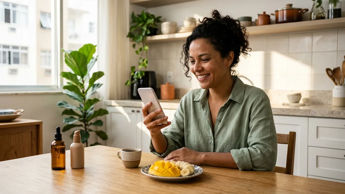 Cliente lendo no celular, à mesa do café da manhã, a mensagem que a loja de cosméticos mandou e que ela pediu para receber.