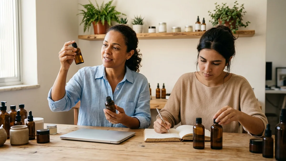Empresária e assistente escolhendo três produtos sobre a mesa do escritório da loja para montar uma seleção curta para as clientes.