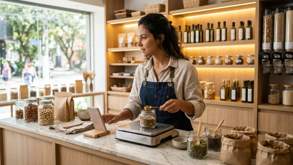 Dona de empório de produtos naturais atendendo na bancada e olhando notificação no celular, retrato da falta de tempo gerada pelo aumento de vendas na loja.