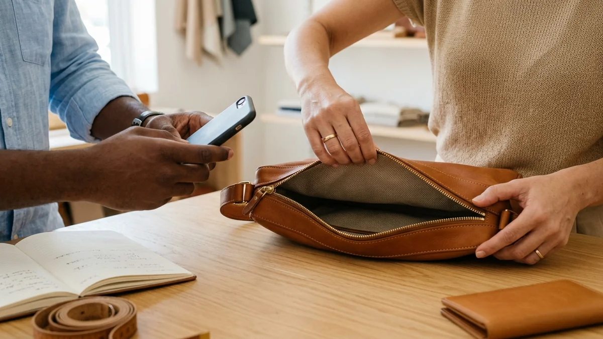 Mãos abrindo uma bolsa de couro sobre a bancada para mostrar forro, costura e zíper, enquanto o assistente registra o detalhe com o celular.