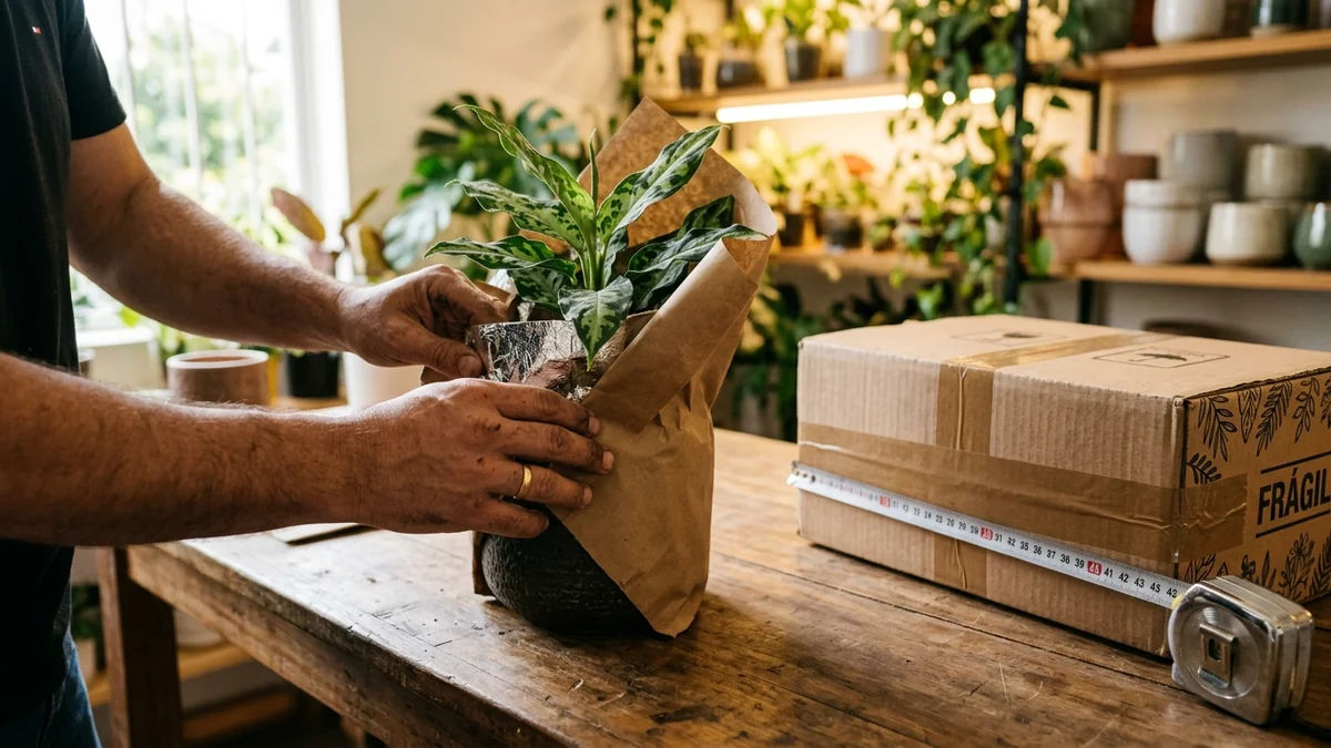 Mãos de lojista embalando um vaso de planta com papel kraft e medindo a caixa antes do envio, decidindo o custo de frete do pedido.