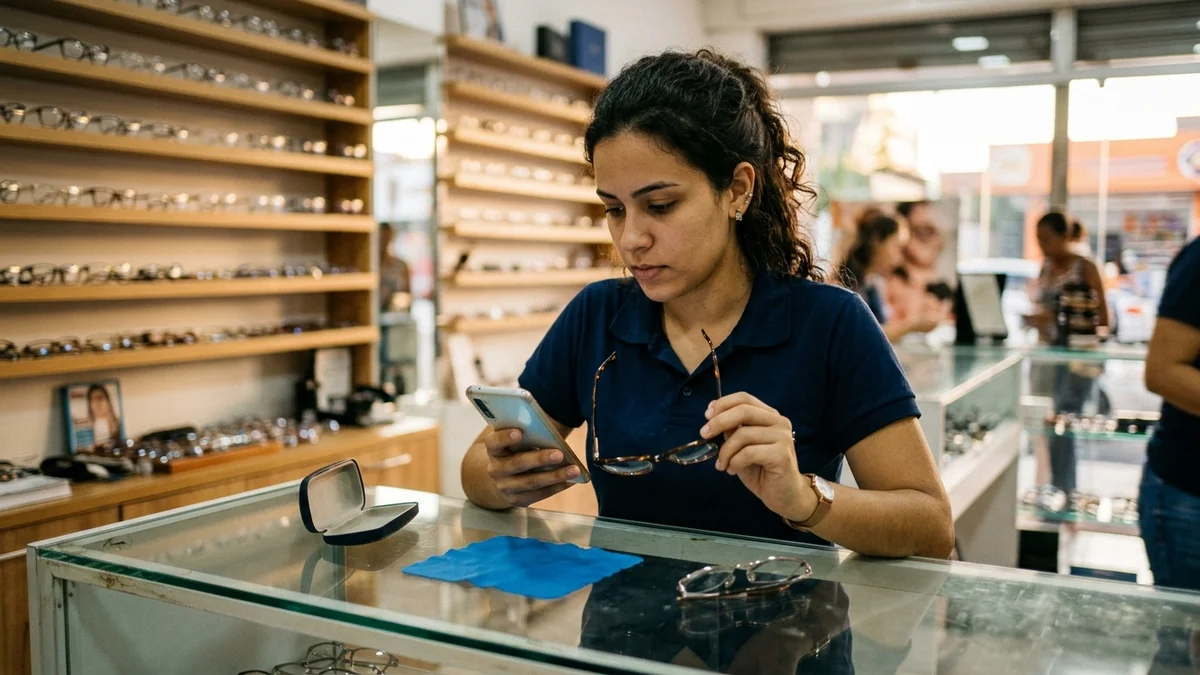 Atendente da ótica respondendo a dúvida de um cliente pelo celular no balcão, etapa em que o interesse vira pedido.