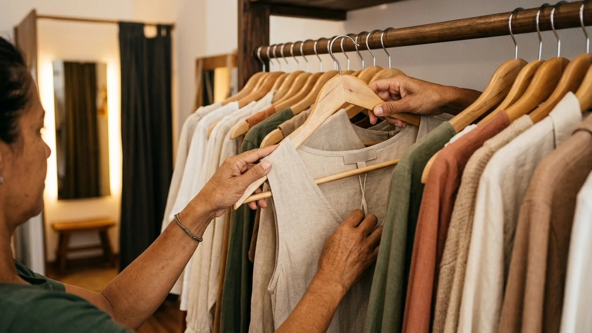 Mãos da lojista conferindo a grade de tamanhos de uma peça nova na arara de uma loja de roupas femininas.