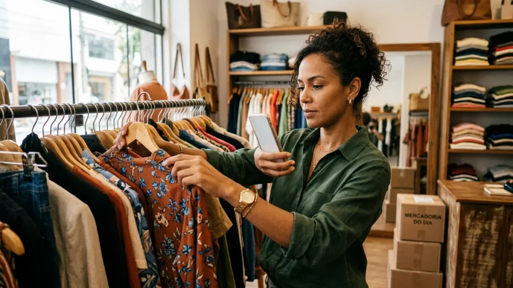 Lojista de roupas femininas ao lado da arara de peças novas usando o celular para avisar o grupo VIP no WhatsApp.