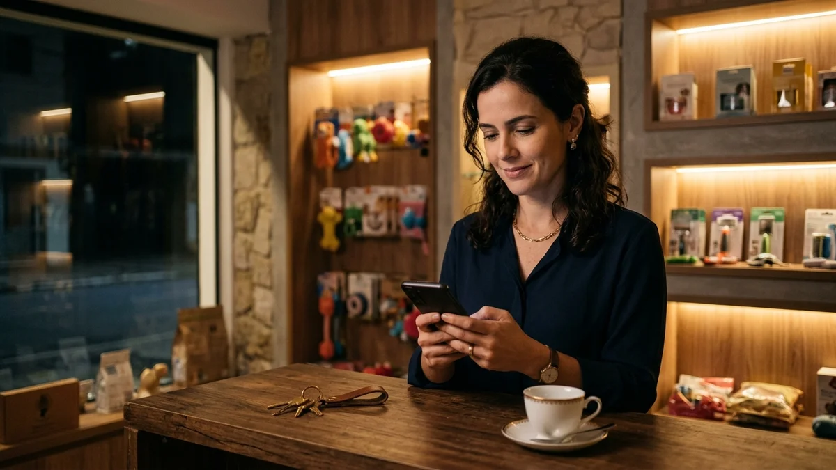 Empresária respondendo mensagem de cliente pelo smartphone após o fechamento da loja com suporte de respostas ágeis.