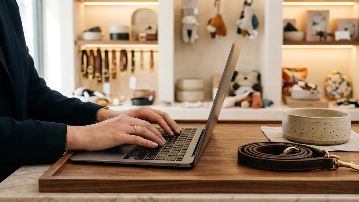 Mãos de lojista digitando o cadastro de produto no teclado com acessórios de pet sobre o balcão da boutique.