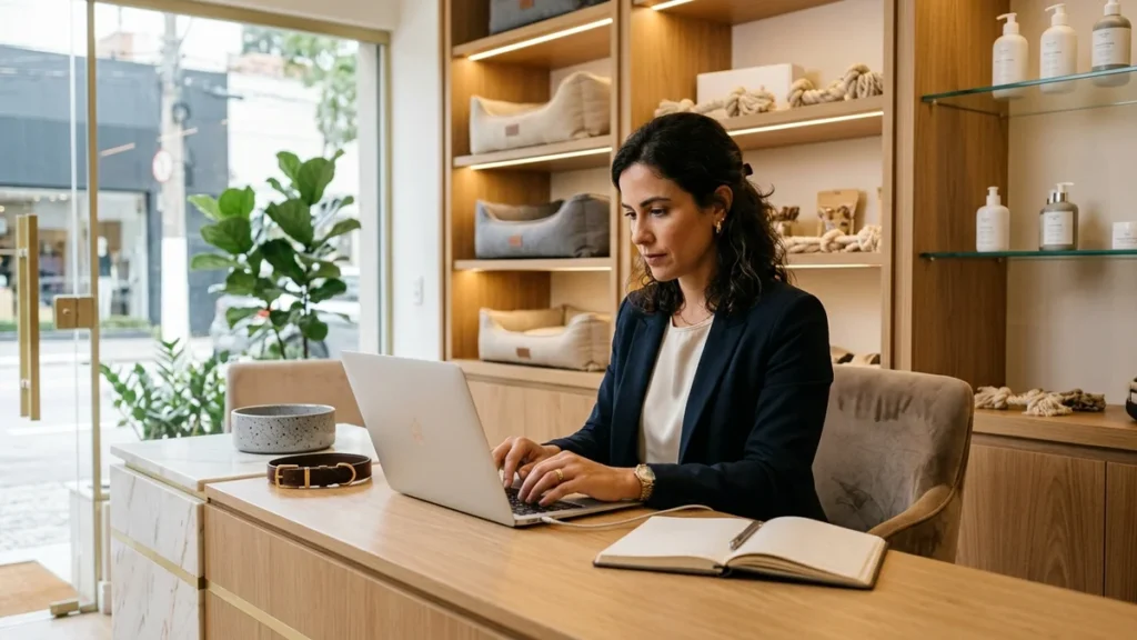 Dona de boutique pet redigindo no notebook as descrições de produtos no balcão, rotina em que a IA para loja virtual opera de forma invisível e prática.
