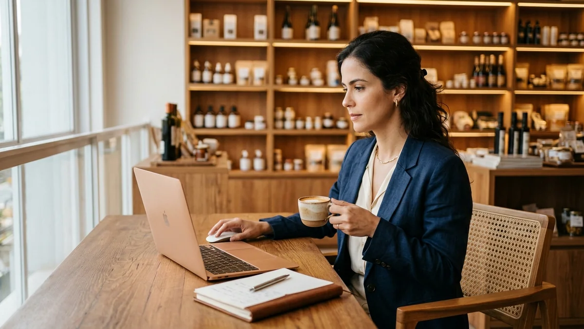 Empresária com notebook no empório gourmet antes de abrir as portas, aproveitando tempo calmo para planejar a gestão e os processos da semana.