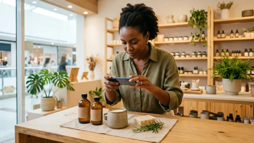 Dona de loja de cosméticos naturais fotografando os próprios produtos com o celular no balcão, produzindo marketing de conteúdo para atrair o cliente certo.