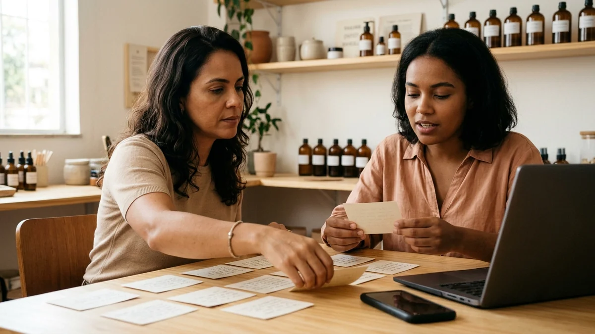 Dona da loja e atendente organizando sobre a mesa cartões com as dúvidas mais frequentes dos clientes para decidir o que publicar primeiro.