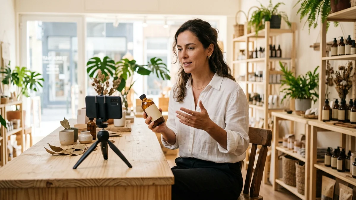 Empresária gravando com o celular no tripé uma explicação sobre um produto da loja, aparecendo como o rosto da própria marca.