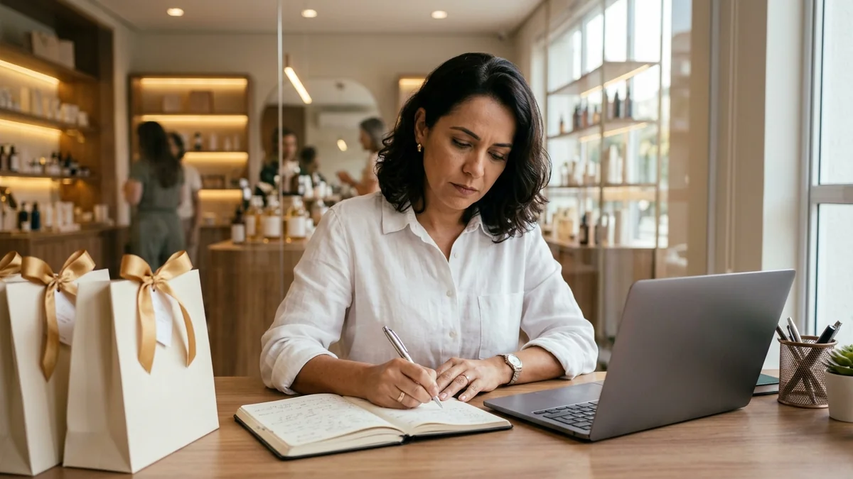 Dona da loja de cosméticos anotando no caderno ao lado do notebook enquanto confere os pedidos da semana para saber se a parceria trouxe venda.