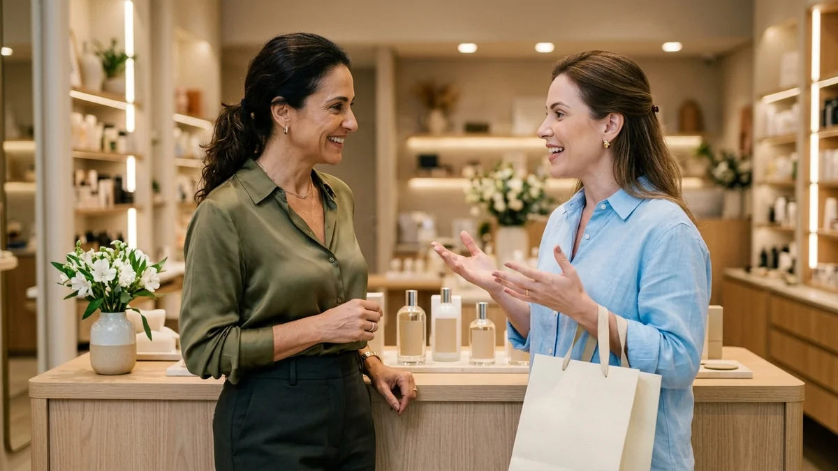 Dona da loja de cosméticos conversando com uma cliente fiel no balcão depois da compra, para descobrir de quem ela gosta de receber indicações.