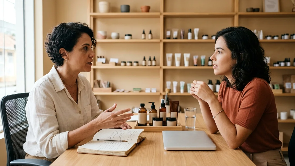 Dona da loja e influenciadora sentadas à mesa do escritório combinando a forma de pagamento da parceria, com um kit de produtos entre elas.