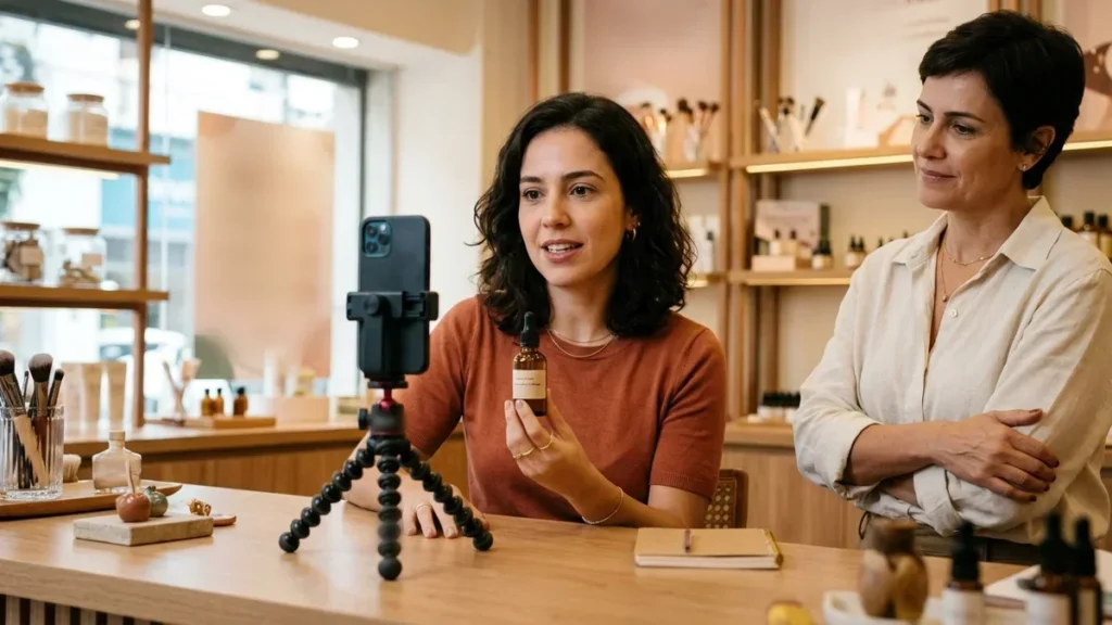 Influenciadora de perfil local gravando indicação de sérum no balcão da loja de cosméticos, observada pela dona, em uma ação de marketing de influência.
