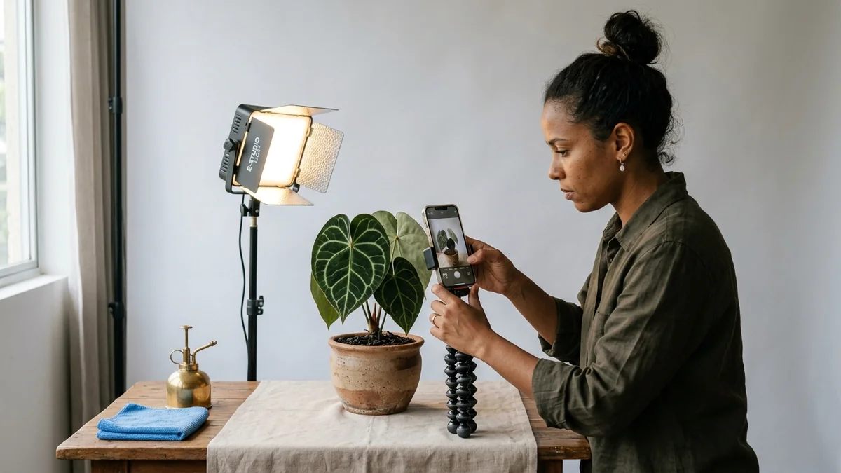Lojista fotografando uma suculenta com o celular sobre fundo claro improvisado, melhorando as fotos de produto da loja virtual.
