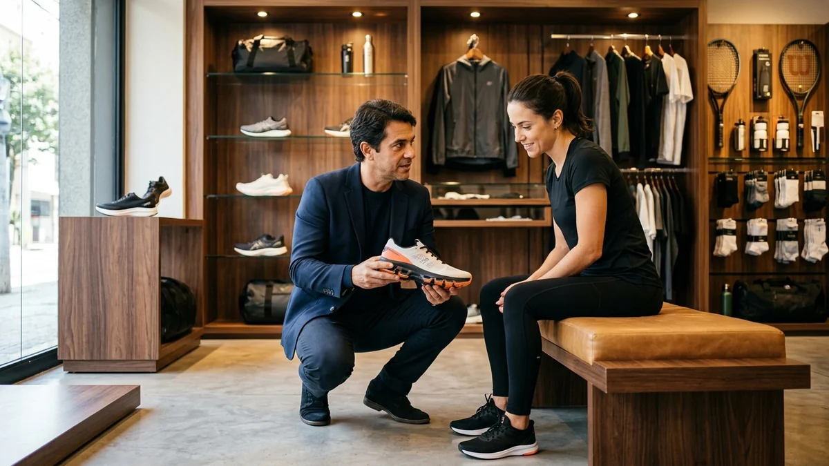 Lojista de artigos esportivos atendendo cliente pessoalmente na boutique, demonstrando o conhecimento de produto que não se terceiriza para agências.