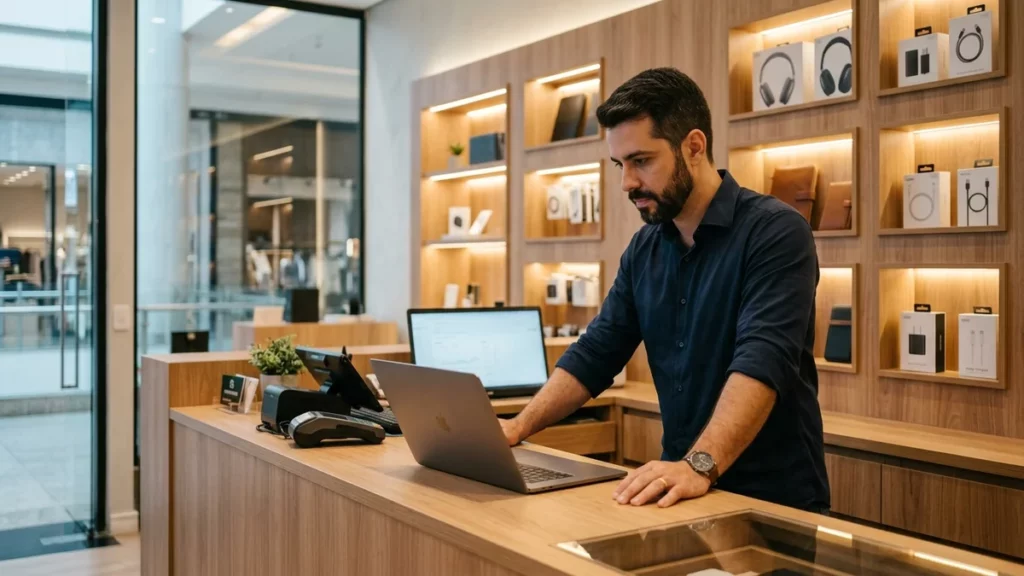 Dono de loja de eletrônicos e acessórios de celular diante do computador no balcão, avaliando o que falta para passar confiança na loja virtual.
