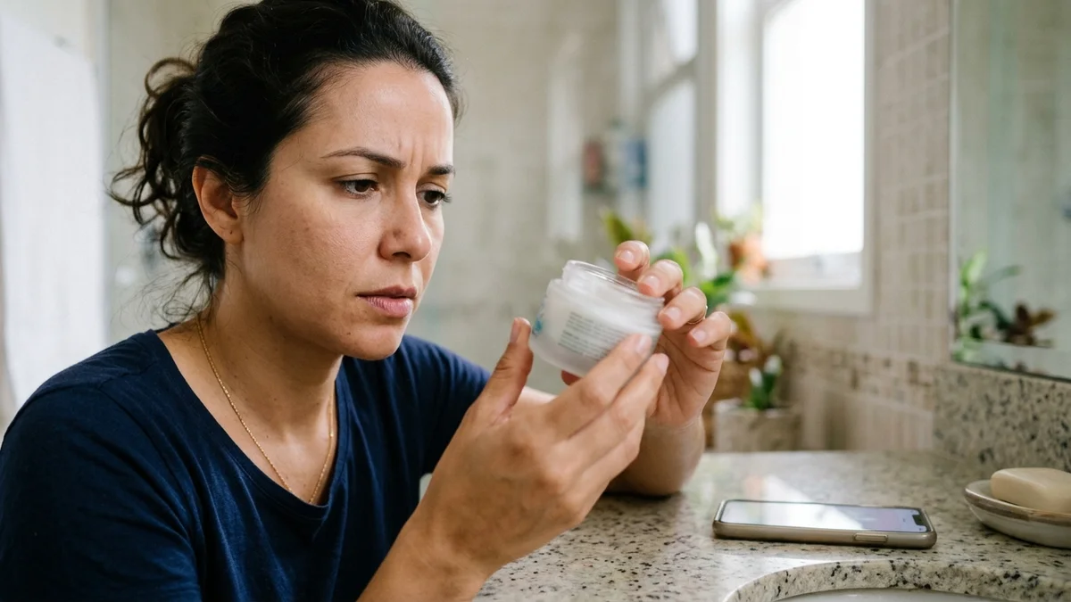 Consumidora girando um pote de creme facial em busca de uma informação que a descrição do produto não respondeu.