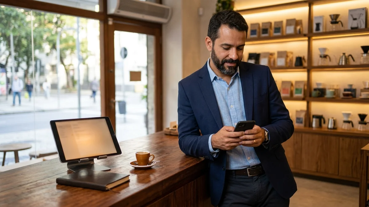 Empresário enviando aviso exclusivo aos clientes pelo celular antes da abertura, executando plano direto de relacionamento na Black Friday.