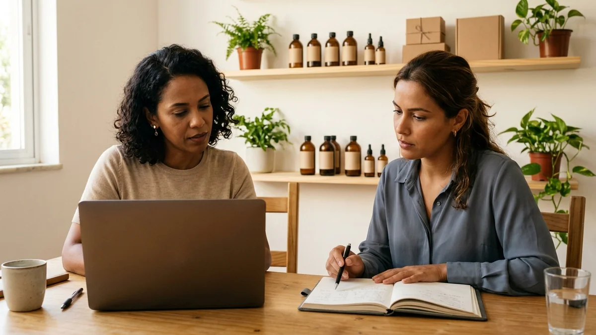 Empresária e gerente sentadas à mesa do escritório conferindo juntas os números dos últimos meses da loja no caderno e no notebook.