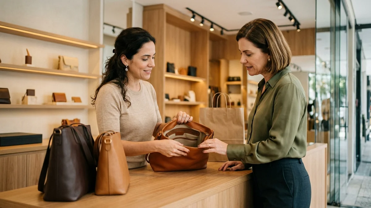 Dona da loja mostrando por dentro uma bolsa de couro a uma cliente de uns 45 anos, que se reconhece na peça durante o atendimento no balcão.