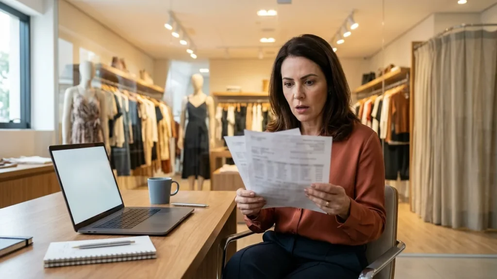 Dona de loja de moda lendo a lista de pedidos no escritório da loja para descobrir o público alvo que compra dela de verdade.