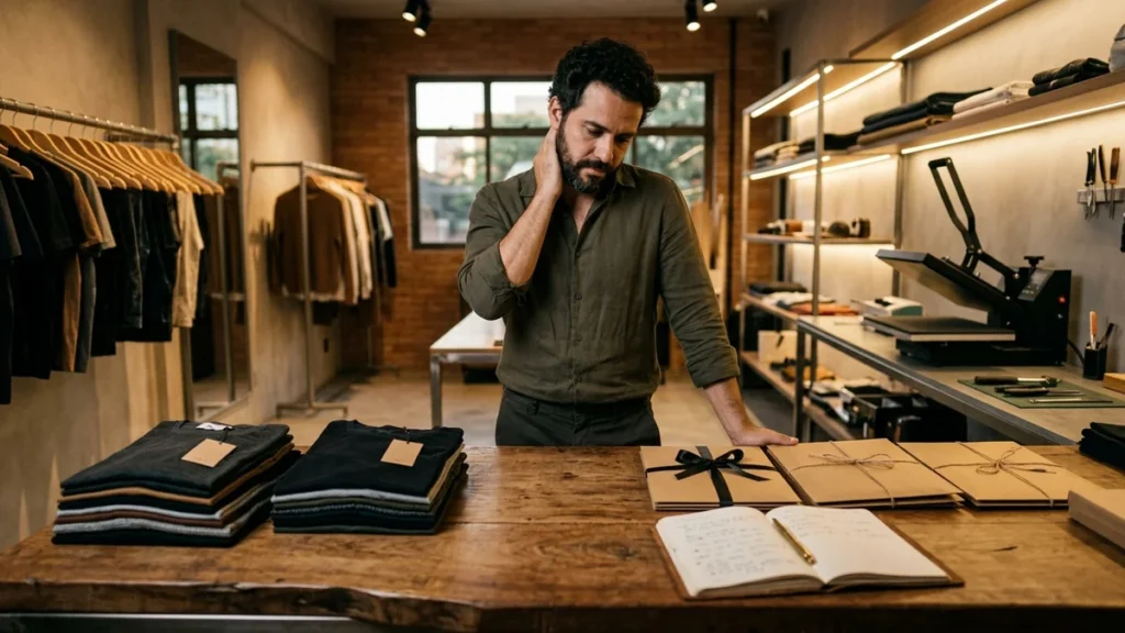 Dono de marca de moda autoral em pé na bancada de seu estúdio no fim do expediente, avaliando custos e margens de venda online.