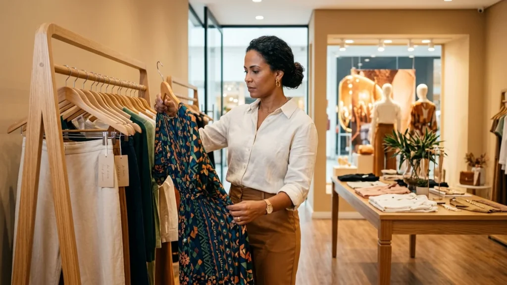 Dona de loja de moda avaliando um vestido da coleção passada na arara do salão, planejando a queima de estoque sem desvalorizar a coleção nova.