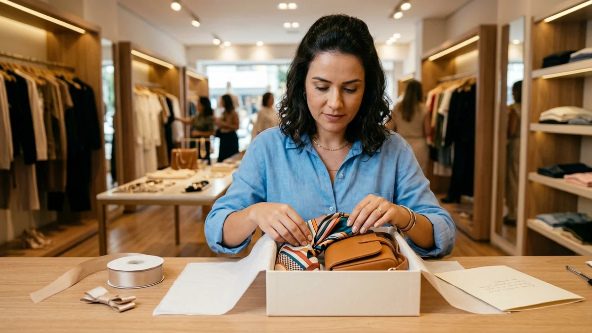Vendedora montando no balcão um kit de presente com lenço de seda e bolsa de couro, juntando uma peça parada a um produto que vende bem.