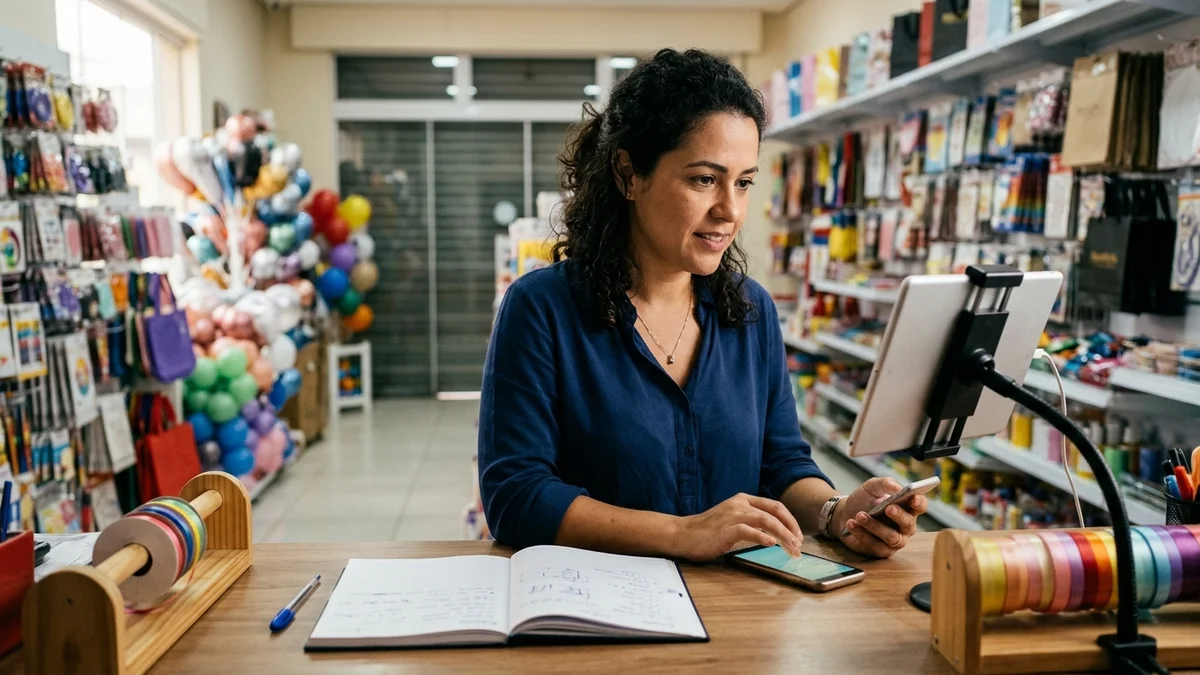 Lojista enviando mensagem pelo celular antes de abrir a loja, retomando contato com clientes que não concluíram a compra.