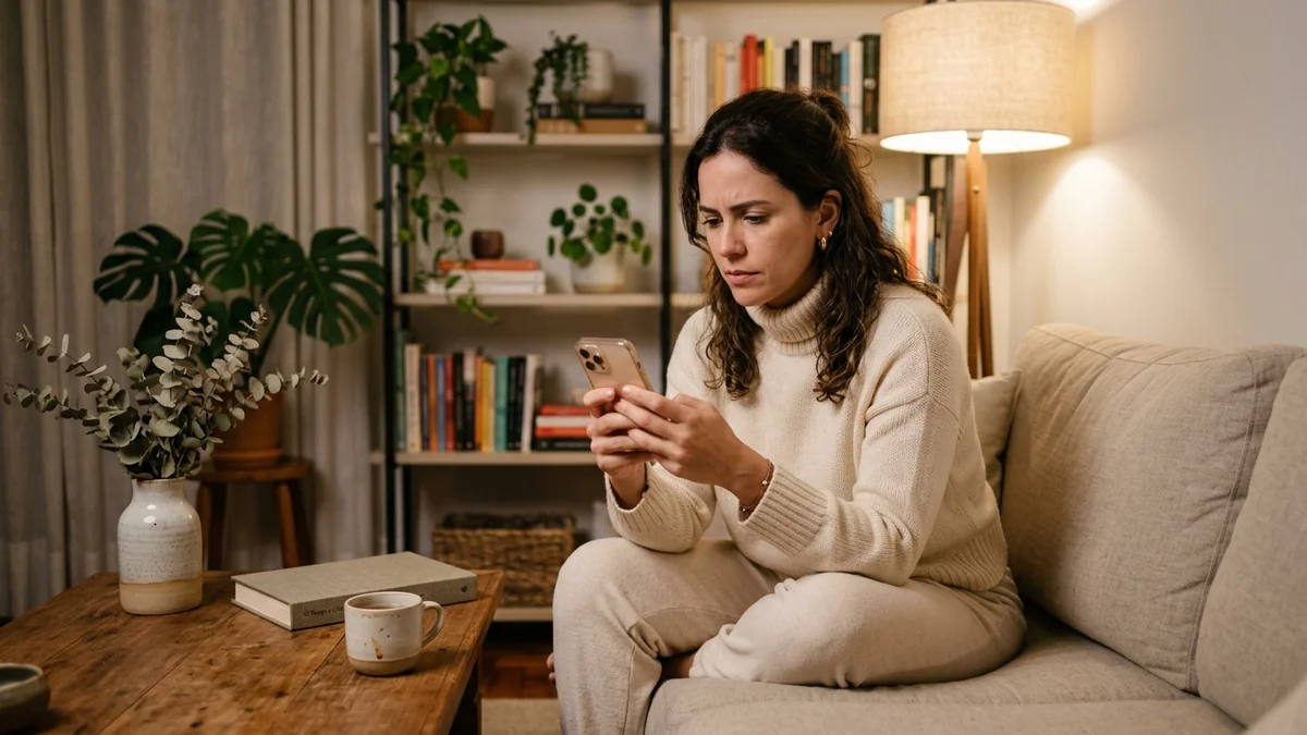 Cliente sentada no sofá de casa à noite olhando o celular, reconsiderando a compra de um produto que viu na loja virtual e deixou para depois.