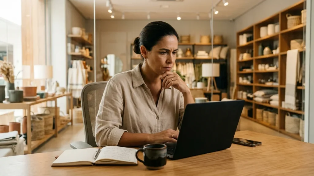 Dona de loja de decoração concentrada diante do notebook no escritório da loja, pensando no remarketing para trazer de volta quem visitou e saiu sem comprar.