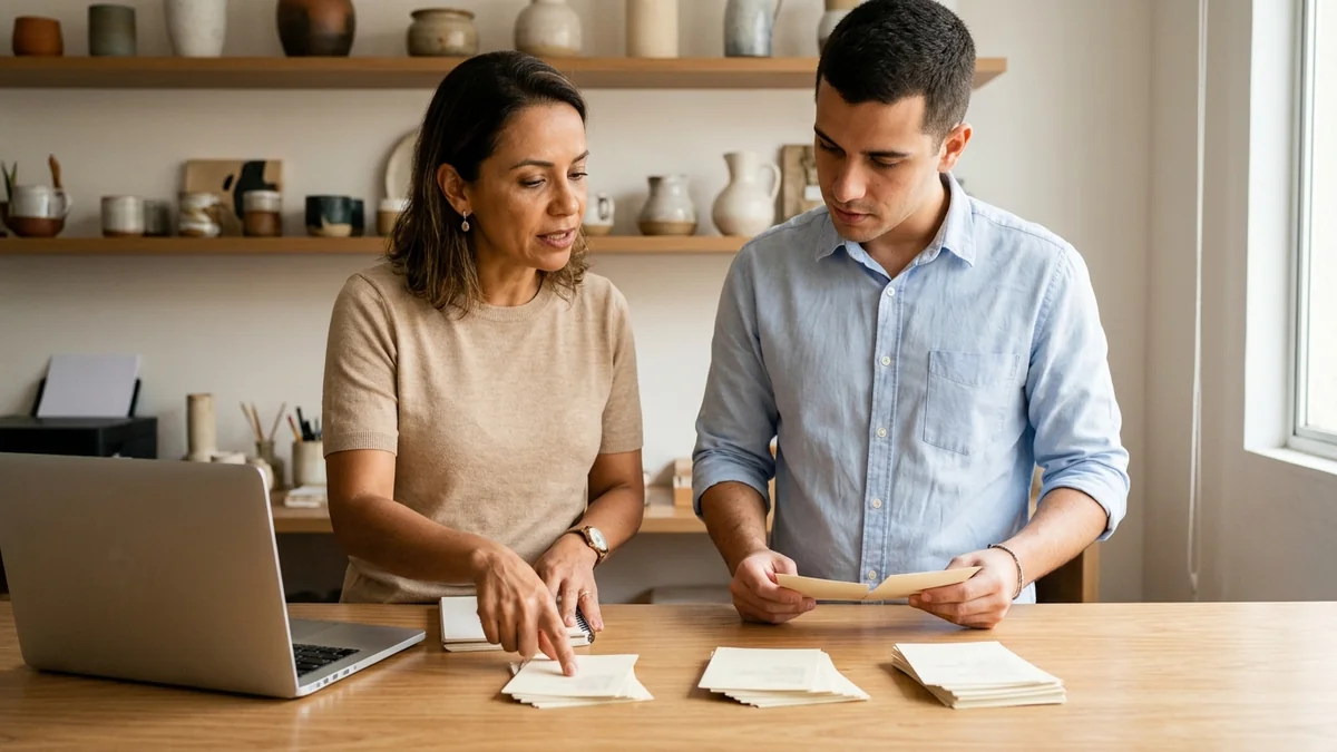 Empresária e assistente separando cartões em três grupos sobre a mesa do escritório da loja, decidindo quais visitantes devem voltar a ver o anúncio.