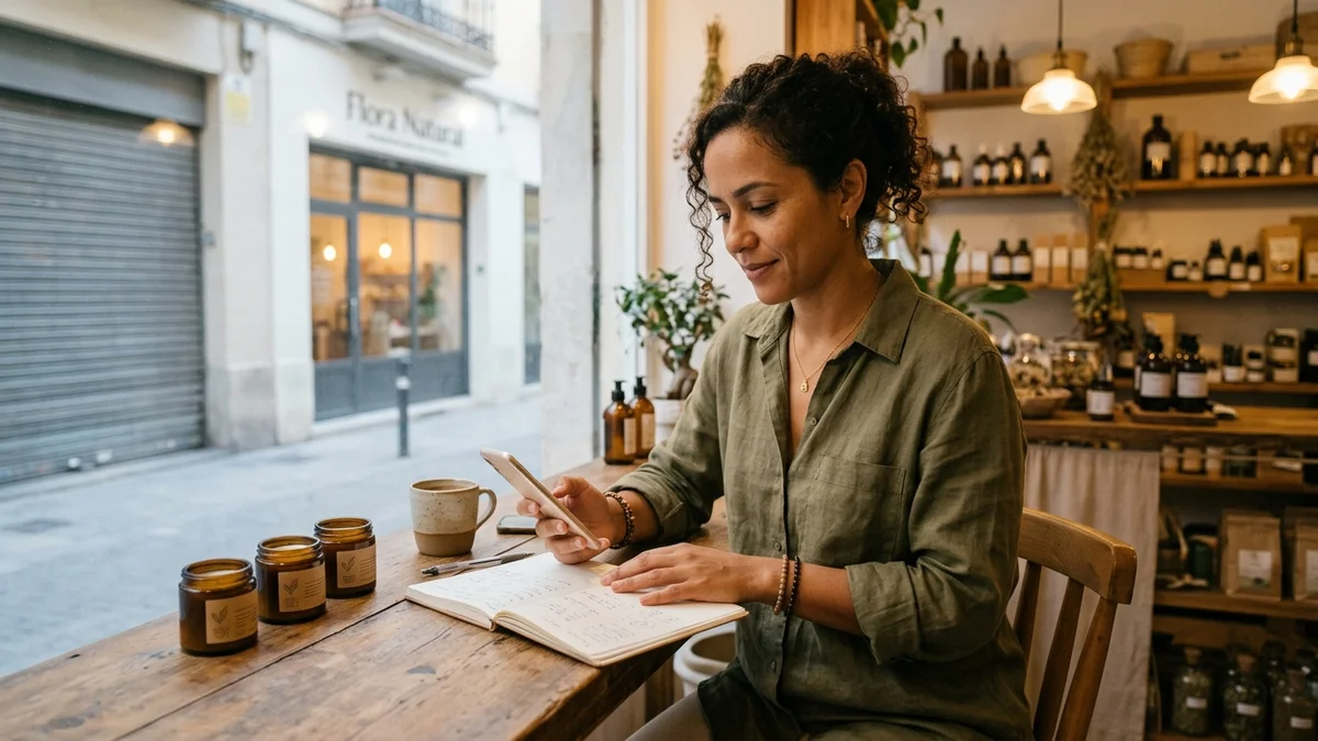 Dona de loja de cosméticos naturais respondendo contatos com o caderno aberto antes de abrir a loja.