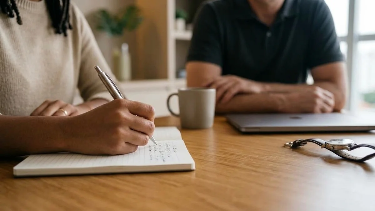 Mãos registrando no papel a decisão prática do encontro de marketing, com notebook fechado sobre a mesa de madeira.