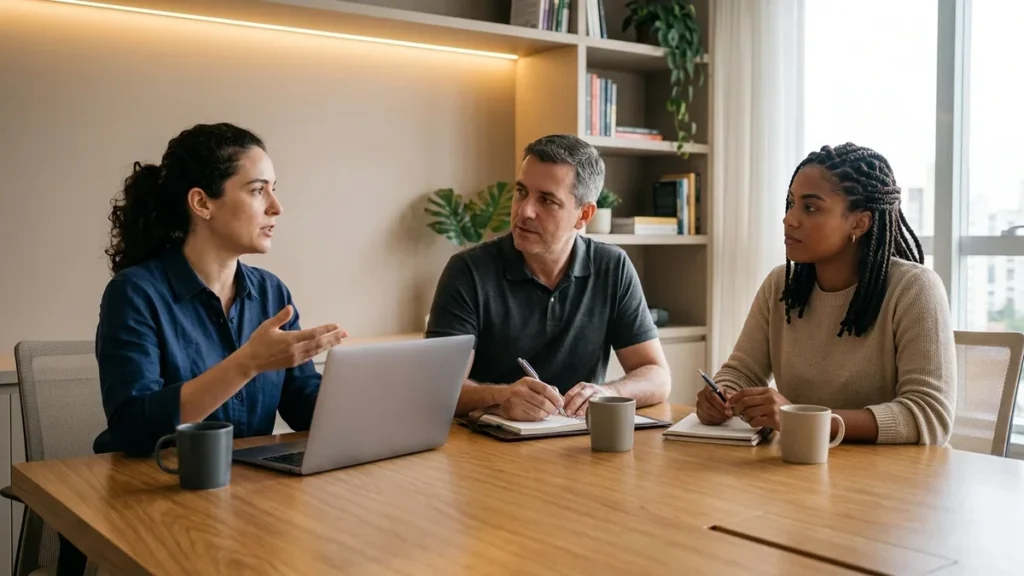 Três profissionais alinhando estratégias ao redor da mesa em sala executiva contemporânea, cena autêntica de uma reunião semanal de marketing com foco em resultados.